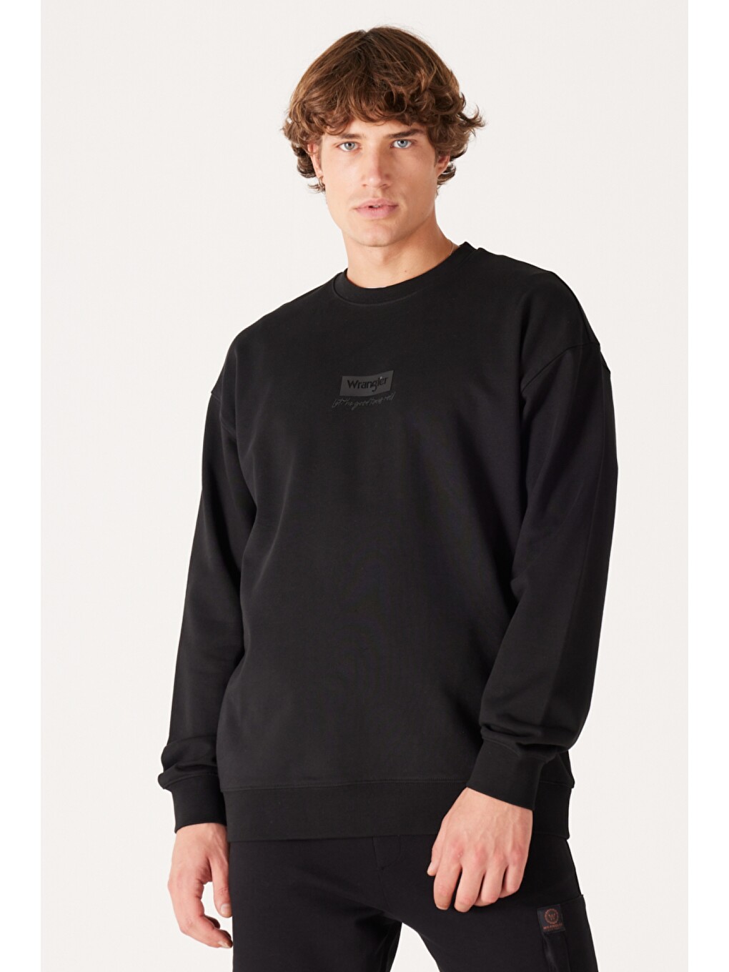 Siyah Loose Fit Rahat Kesim %100 Pamuk Bisiklet Yaka Logolu Sweatshirt