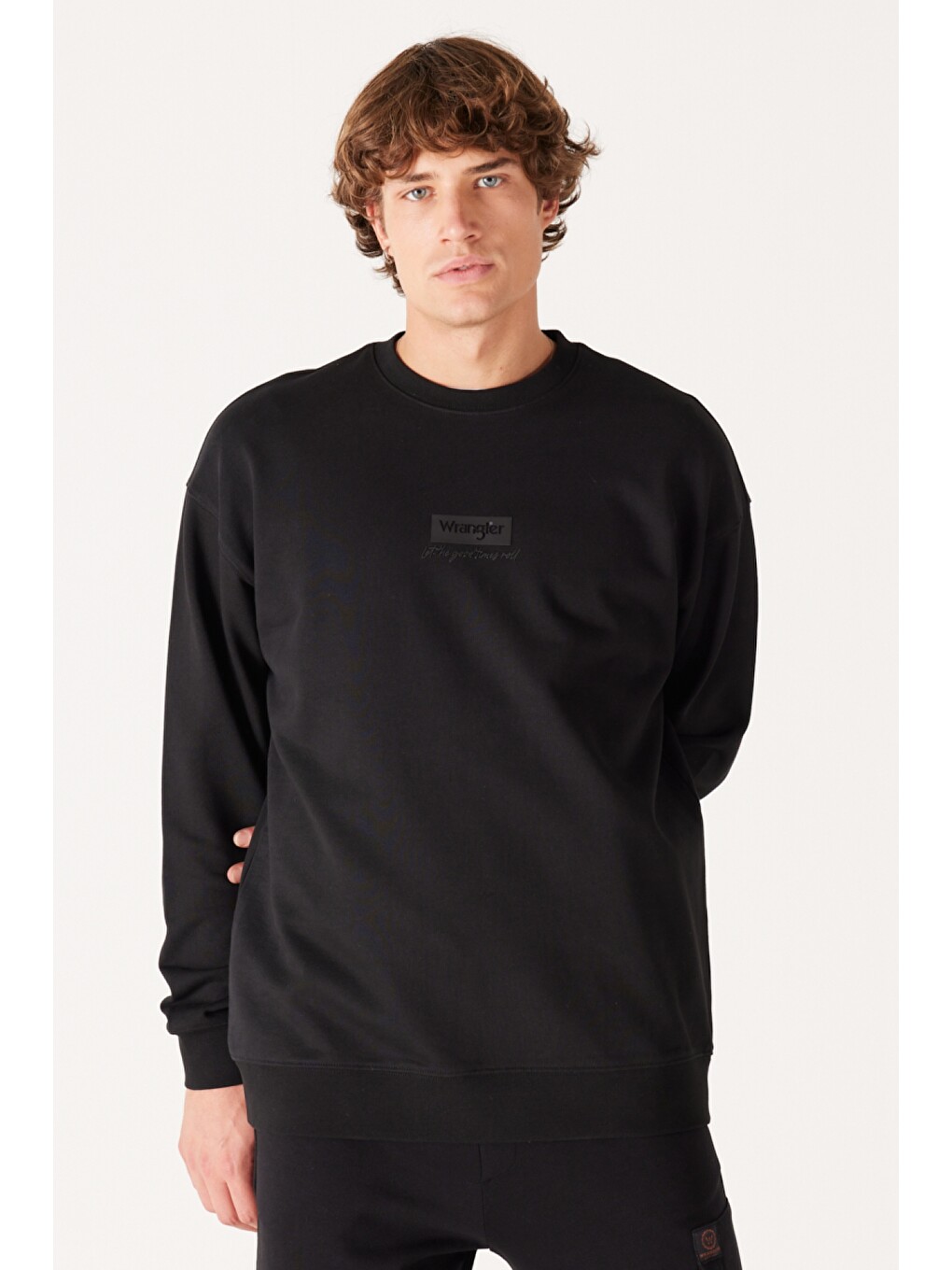Siyah Loose Fit Rahat Kesim %100 Pamuk Bisiklet Yaka Logolu Sweatshirt-1