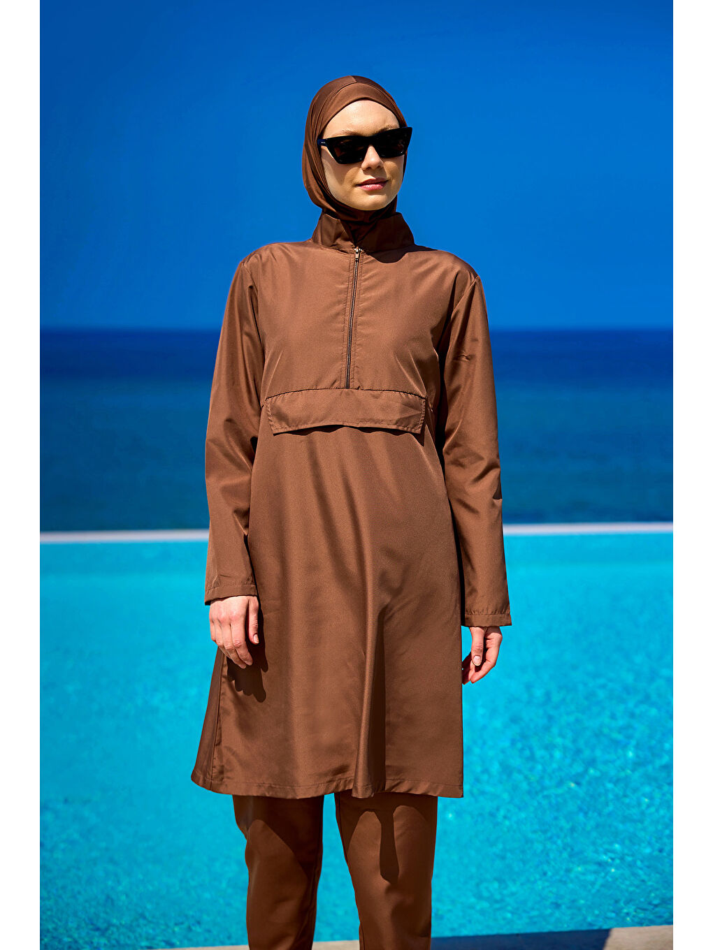 Kahverengi Tesettür Mayo 3 Parça Takım Su İtici Tam Kapalı Mayo A2503-3-1