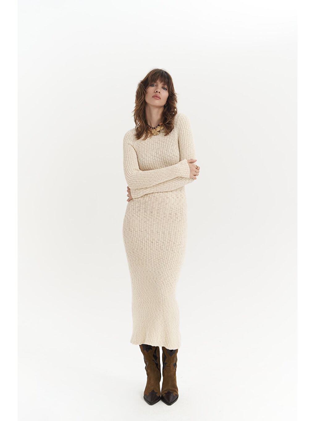 Melbourne Organik Uzun Triko Bej Elbise