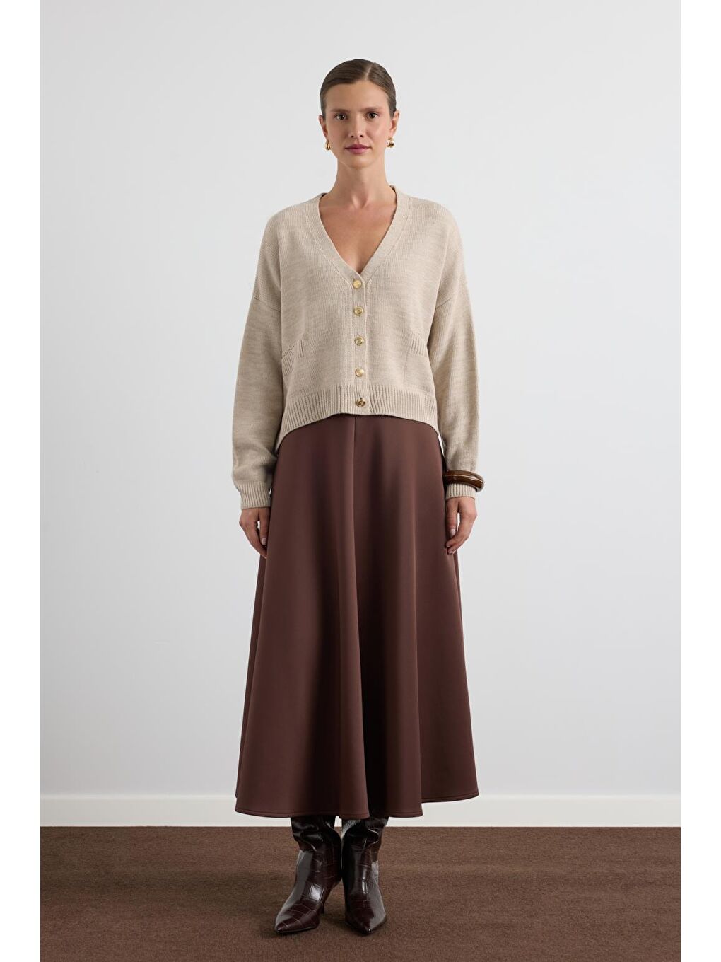 Bej Gold Düğmeli Triko Hırka Taş-3