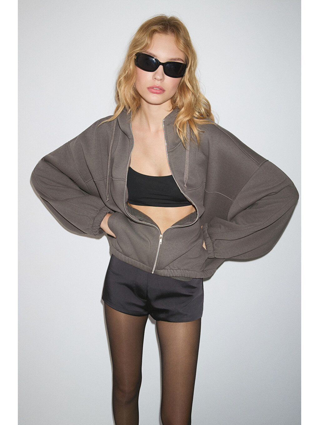 Valıt Kadın Çift Cepli Eteği Ve Kol Ucu Lastikli Fermuarlı Oversize Gri Sweatshirt-3
