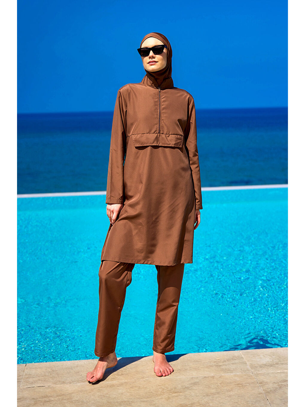 Kahverengi Tesettür Mayo 3 Parça Takım Su İtici Tam Kapalı Mayo A2503-3-2