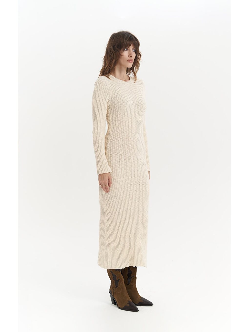 Melbourne Organik Uzun Triko Bej Elbise-3