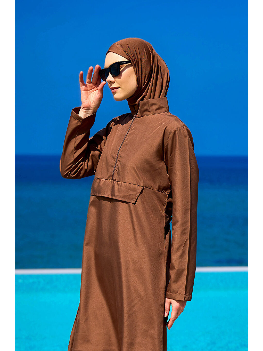 Kahverengi Tesettür Mayo 3 Parça Takım Su İtici Tam Kapalı Mayo A2503-3-3