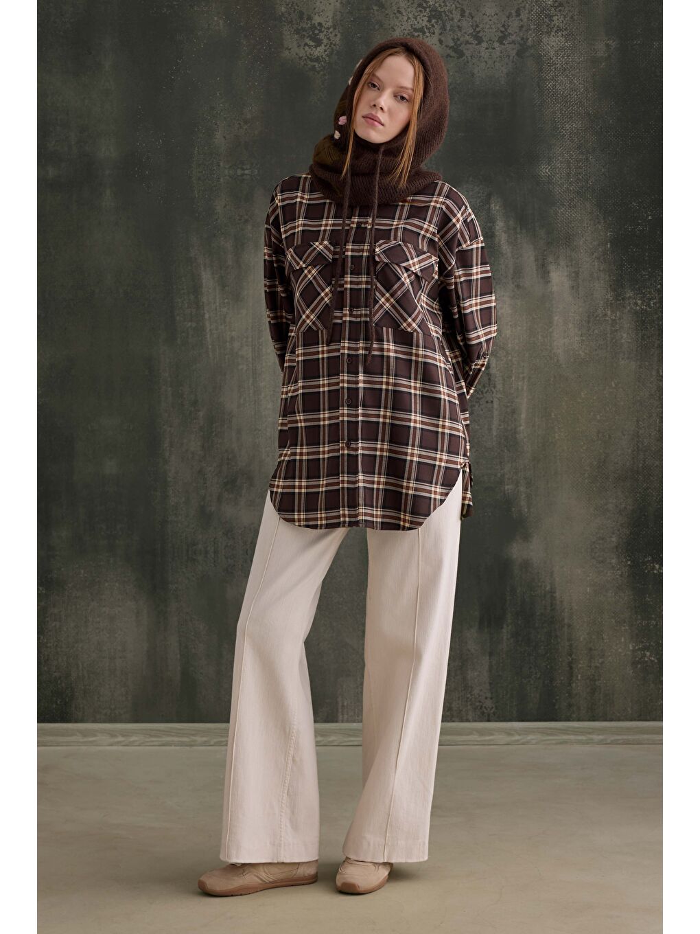 Kahverengi Cep Detaylı Ekose Gömlek Acı Kahve