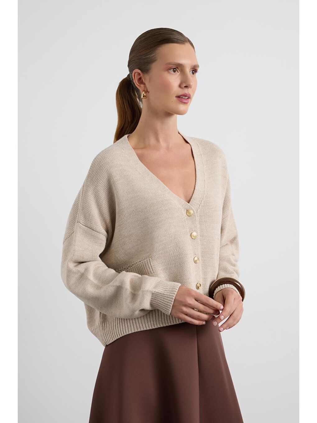 Bej Gold Düğmeli Triko Hırka Taş-4