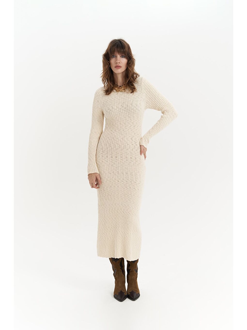 Melbourne Organik Uzun Triko Bej Elbise-5