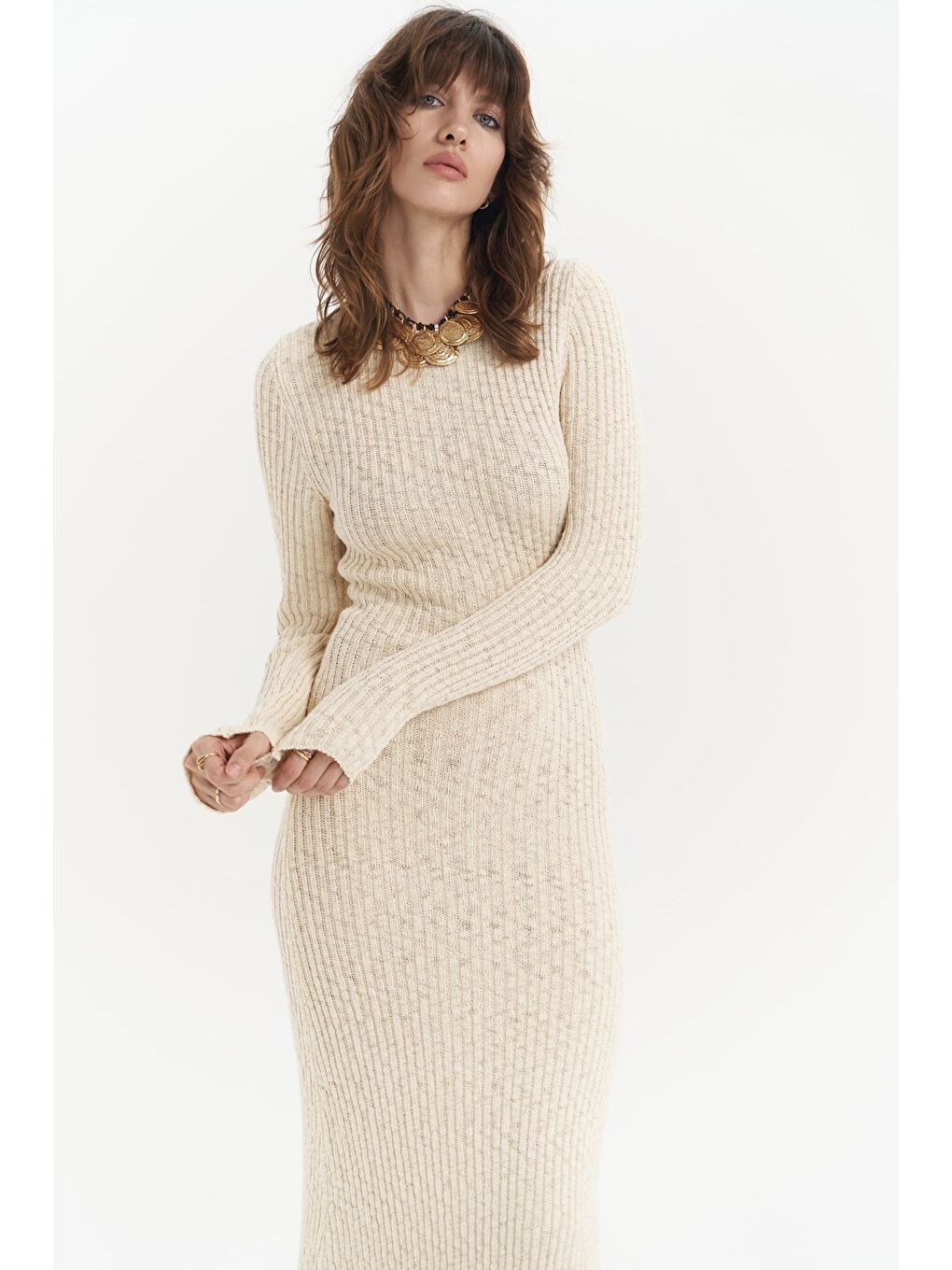 Melbourne Organik Uzun Triko Bej Elbise-6