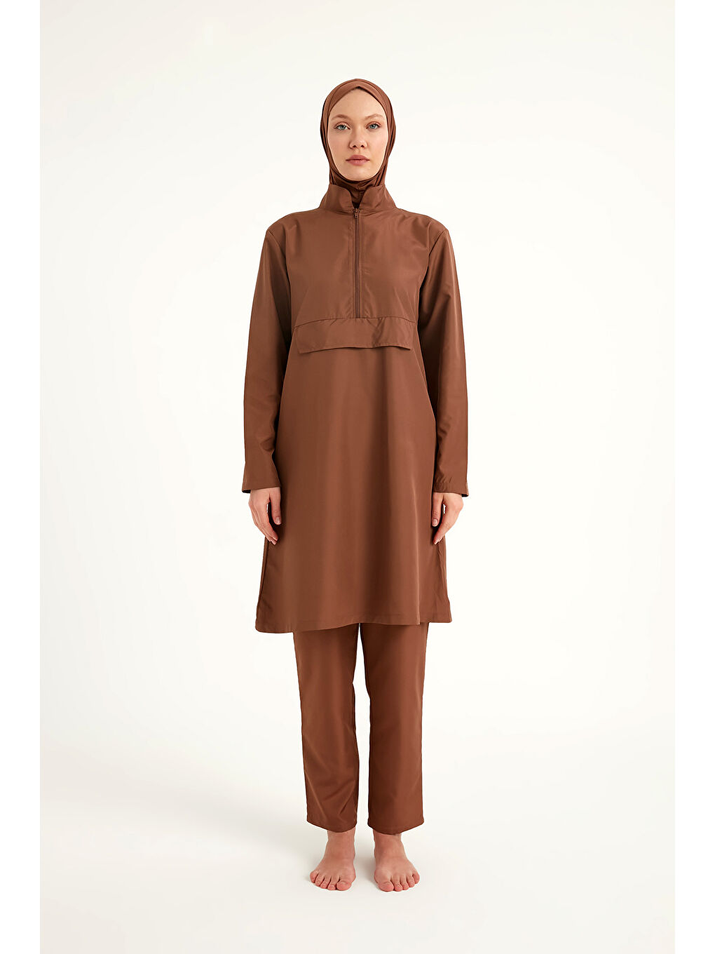 Kahverengi Tesettür Mayo 3 Parça Takım Su İtici Tam Kapalı Mayo A2503-3-4