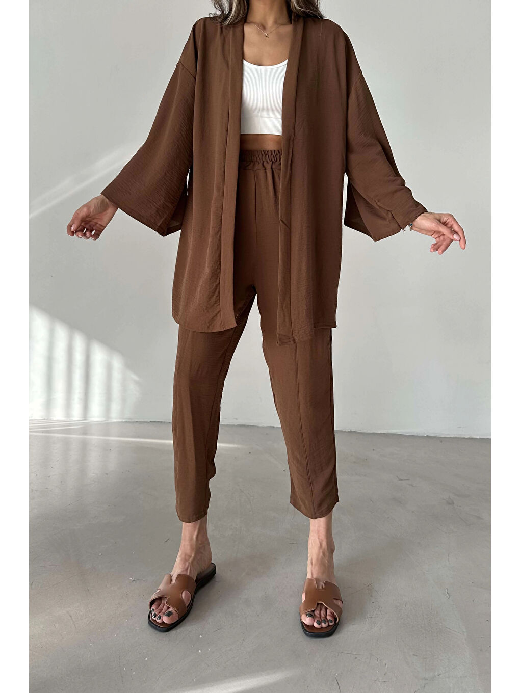Kahverengi Kadın Kahve Kimono Takım 1018-0075-4