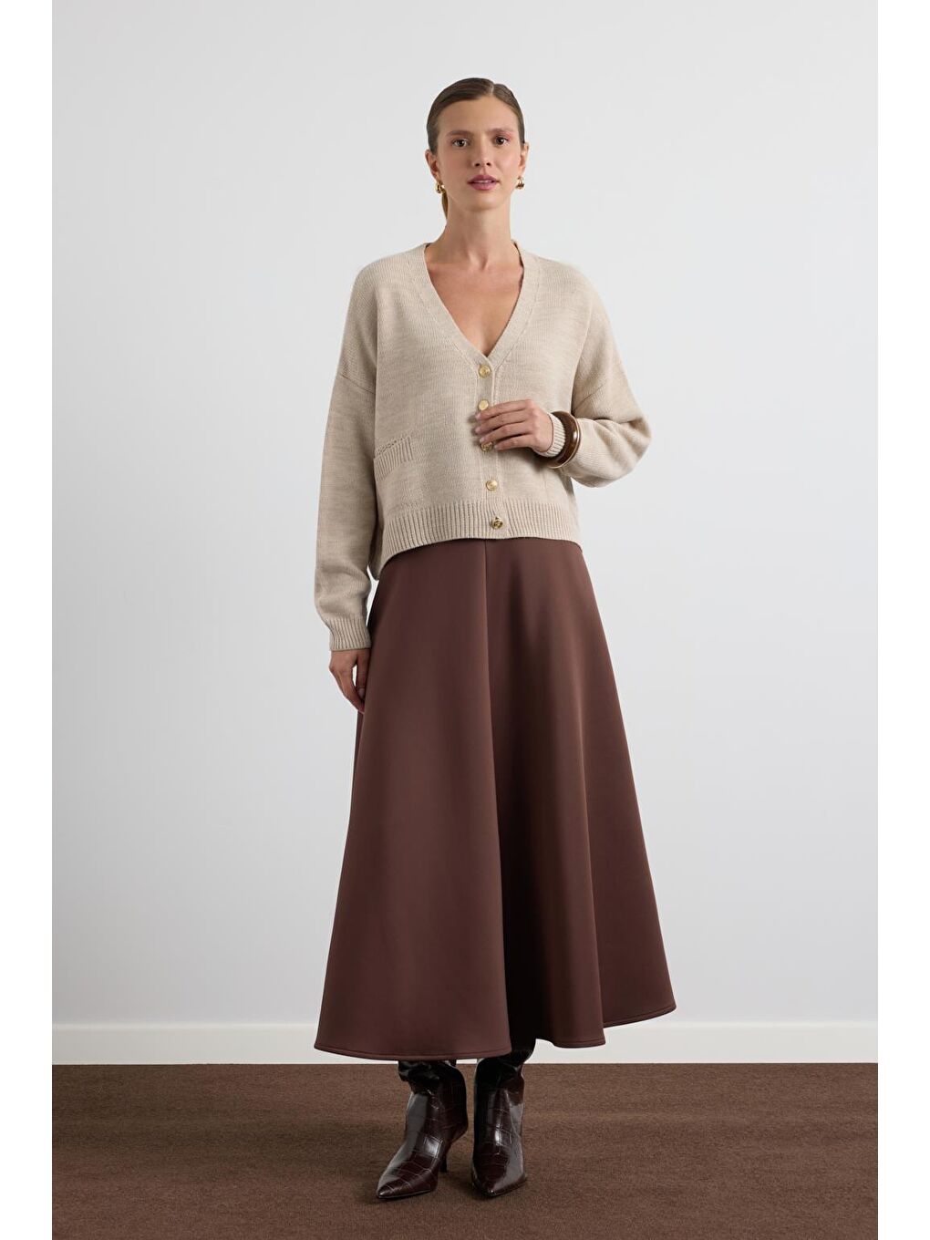 Bej Gold Düğmeli Triko Hırka Taş-5