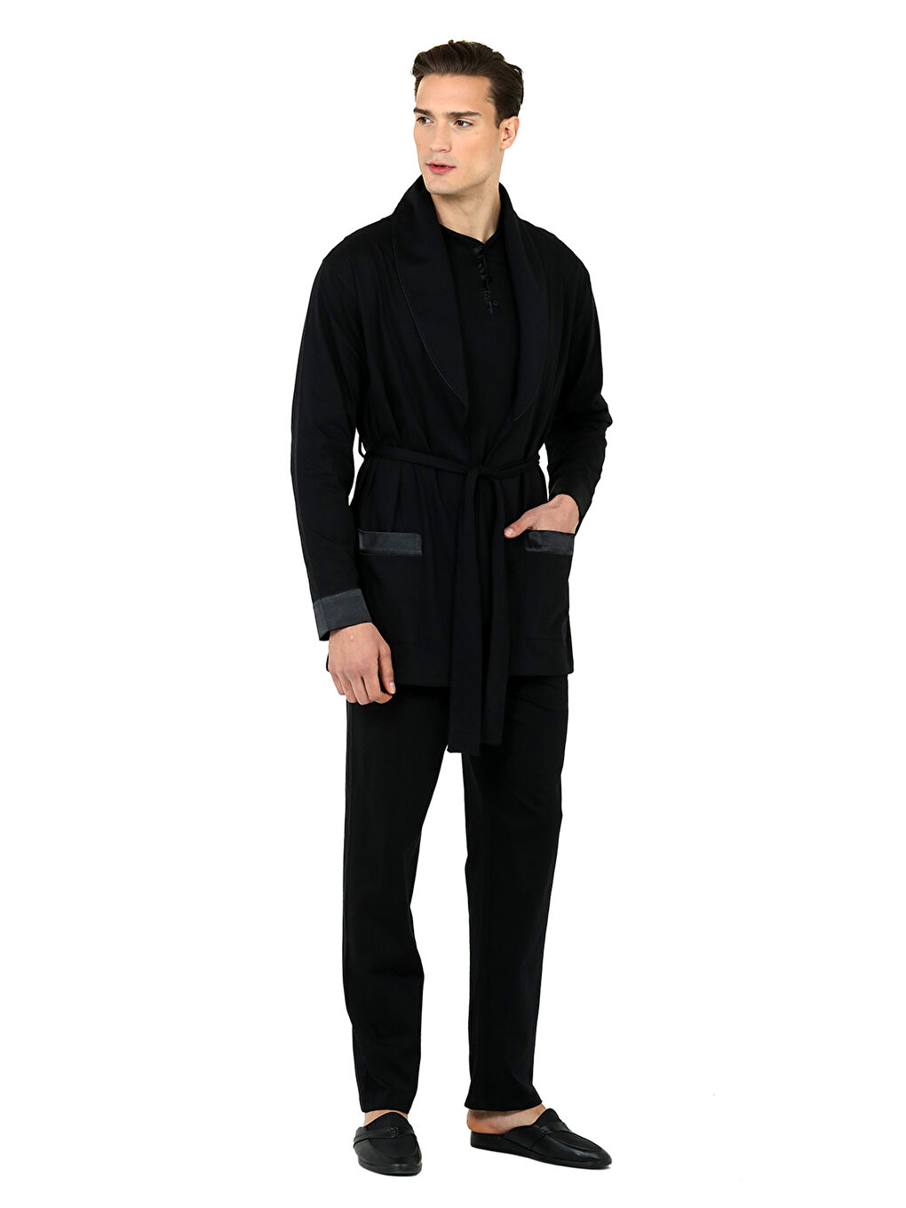 Siyah Saten Biyeli Patlı 5li Penye Rob Set SİYAH