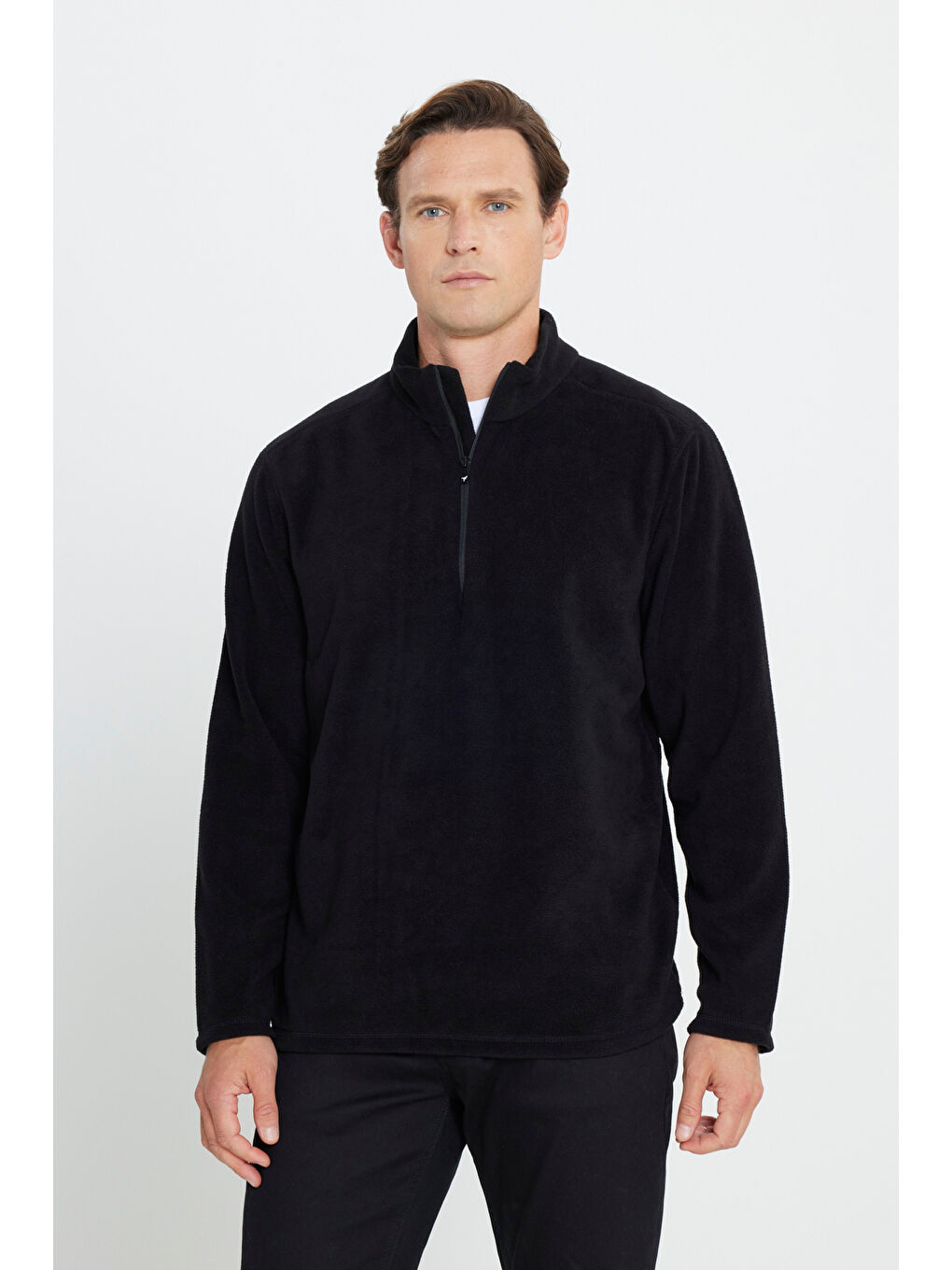 Erkek Siyah Anti-Pilling Tüylenme Yapmayan Standart Fit Dik Yaka Polar Sweatshirt-6