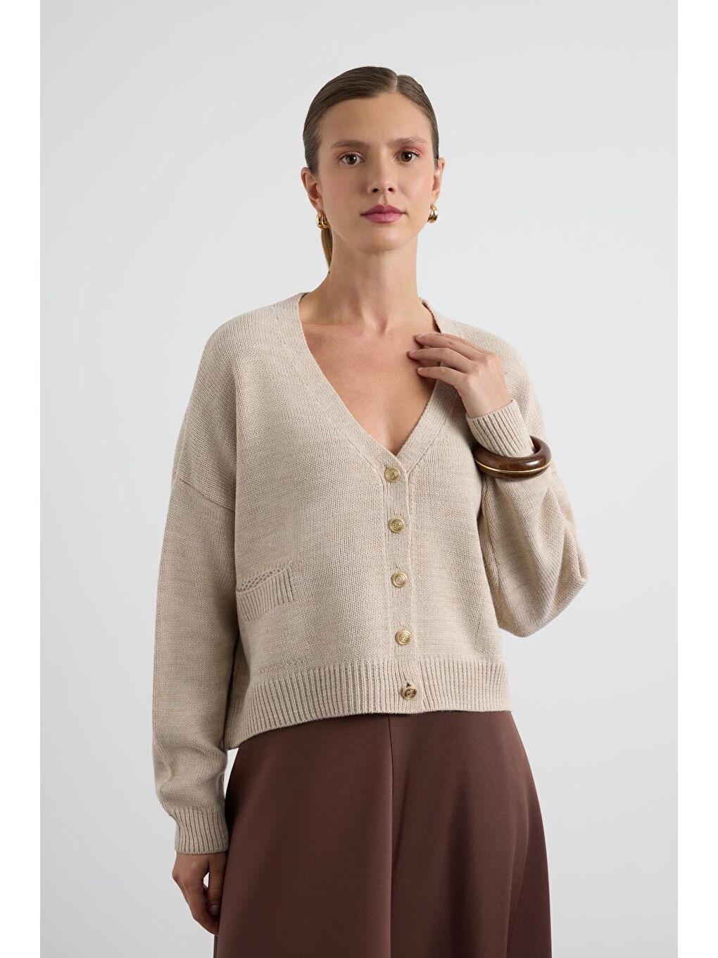 Bej Gold Düğmeli Triko Hırka Taş-6
