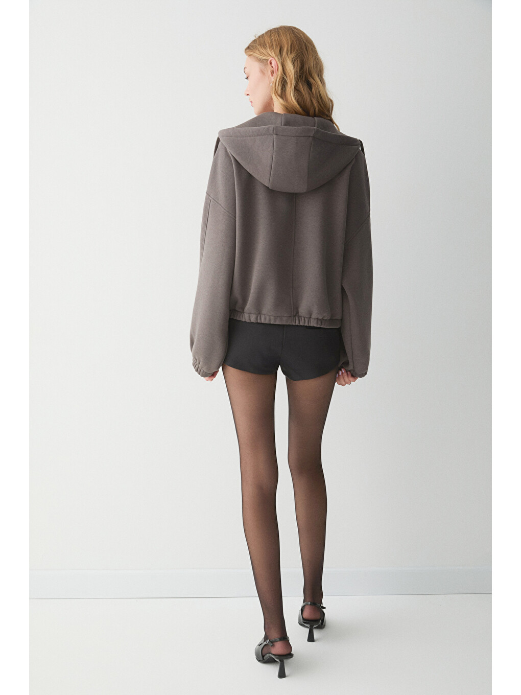 Valıt Kadın Çift Cepli Eteği Ve Kol Ucu Lastikli Fermuarlı Oversize Gri Sweatshirt-5