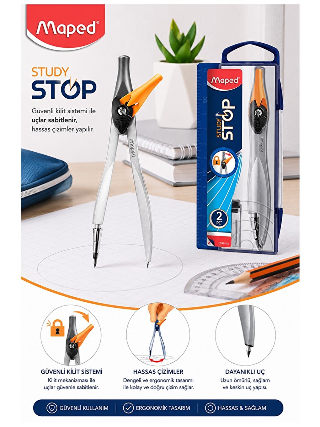 Turuncu Metal Pergel Stop Uçlu 1 Adet Study Stop 195110 Pergel Çizim Matematik Geometri Mimari