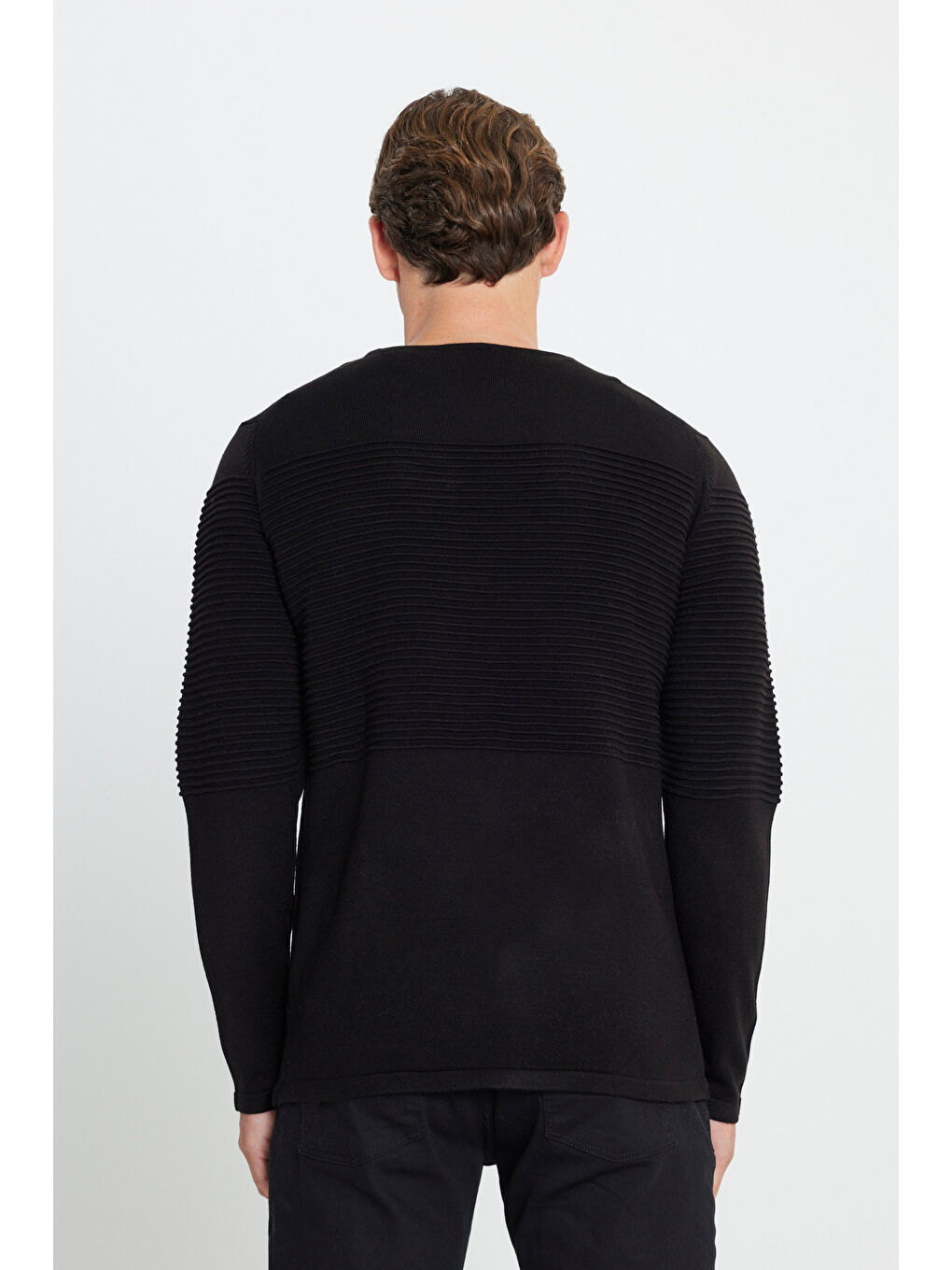 Erkek Siyah Standart Fit Bisiklet Yaka Triko Kazak-4