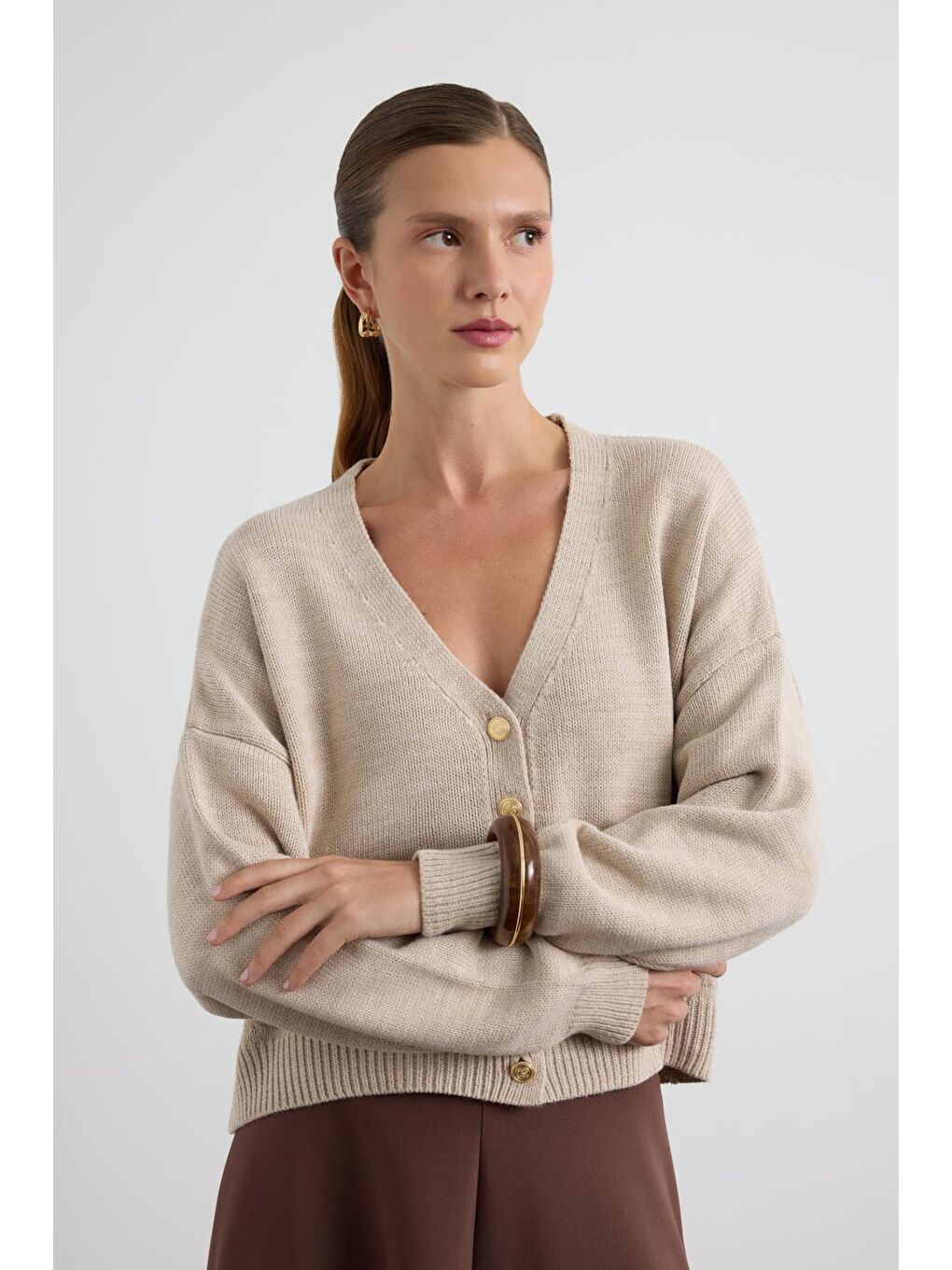 Bej Gold Düğmeli Triko Hırka Taş-7