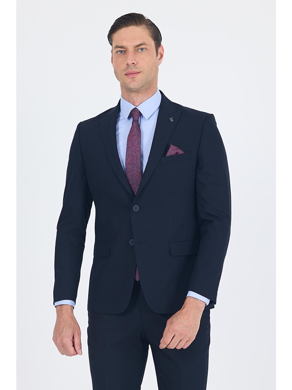 Lacivert Düz Gabardin Kılıç Yaka 2 Düğme Pamuklu 6 Drop Slim Fit Basic Takım Elbise 1001250011_206-1