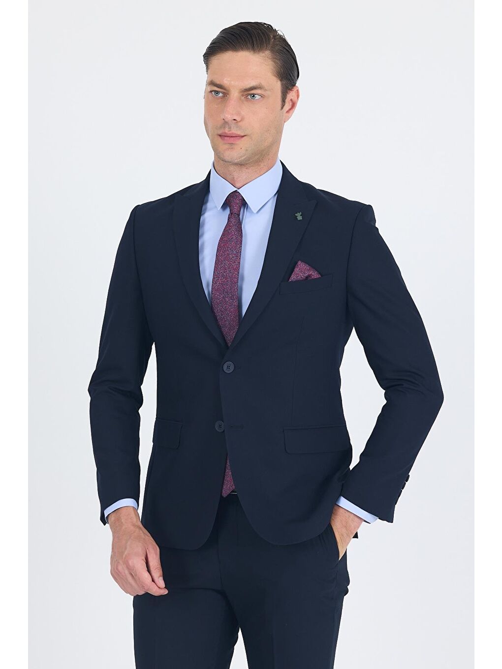Lacivert Düz Gabardin Kılıç Yaka 2 Düğme Pamuklu 6 Drop Slim Fit Basic Takım Elbise 1001250011_206-2