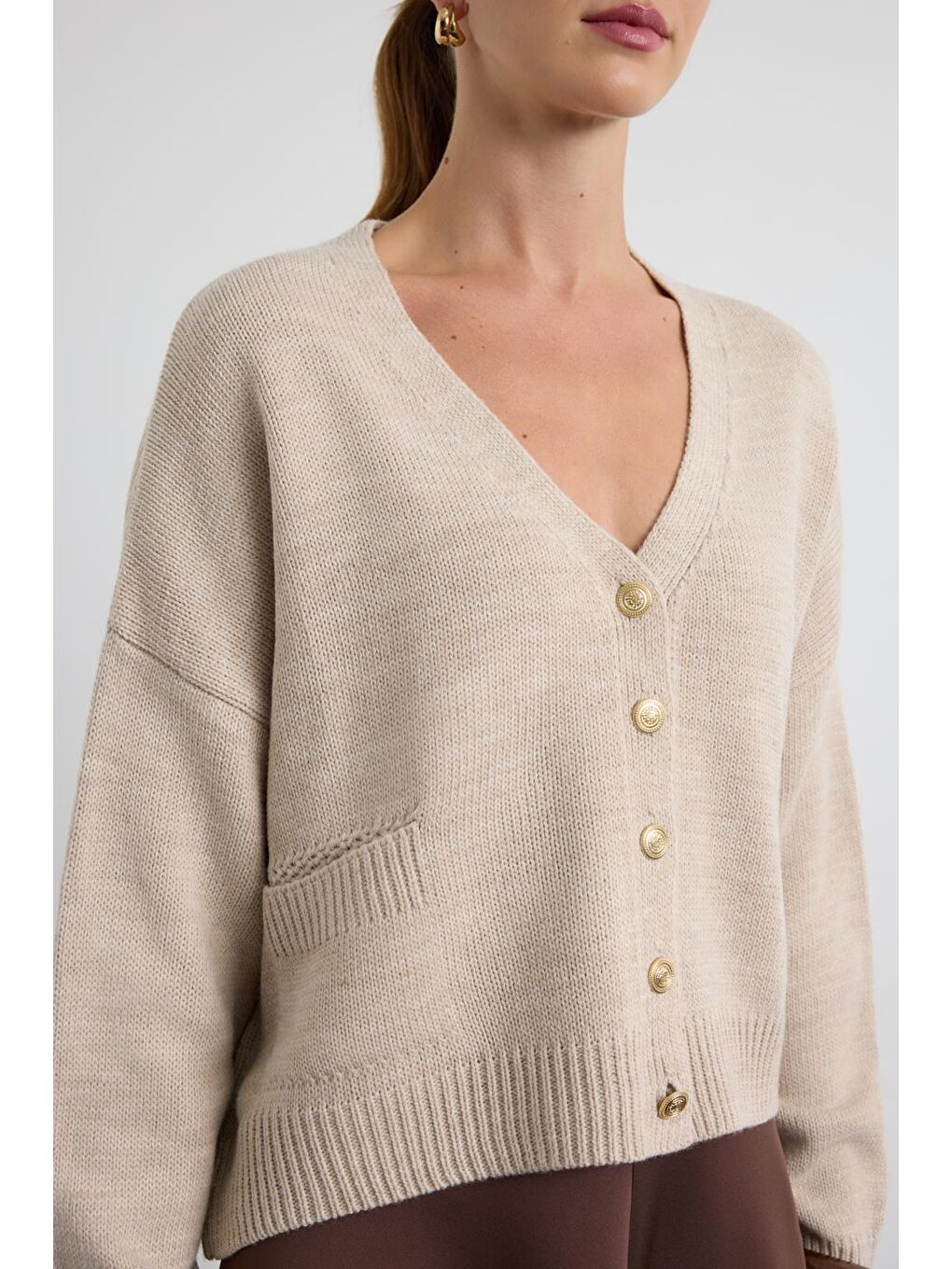 Bej Gold Düğmeli Triko Hırka Taş-9