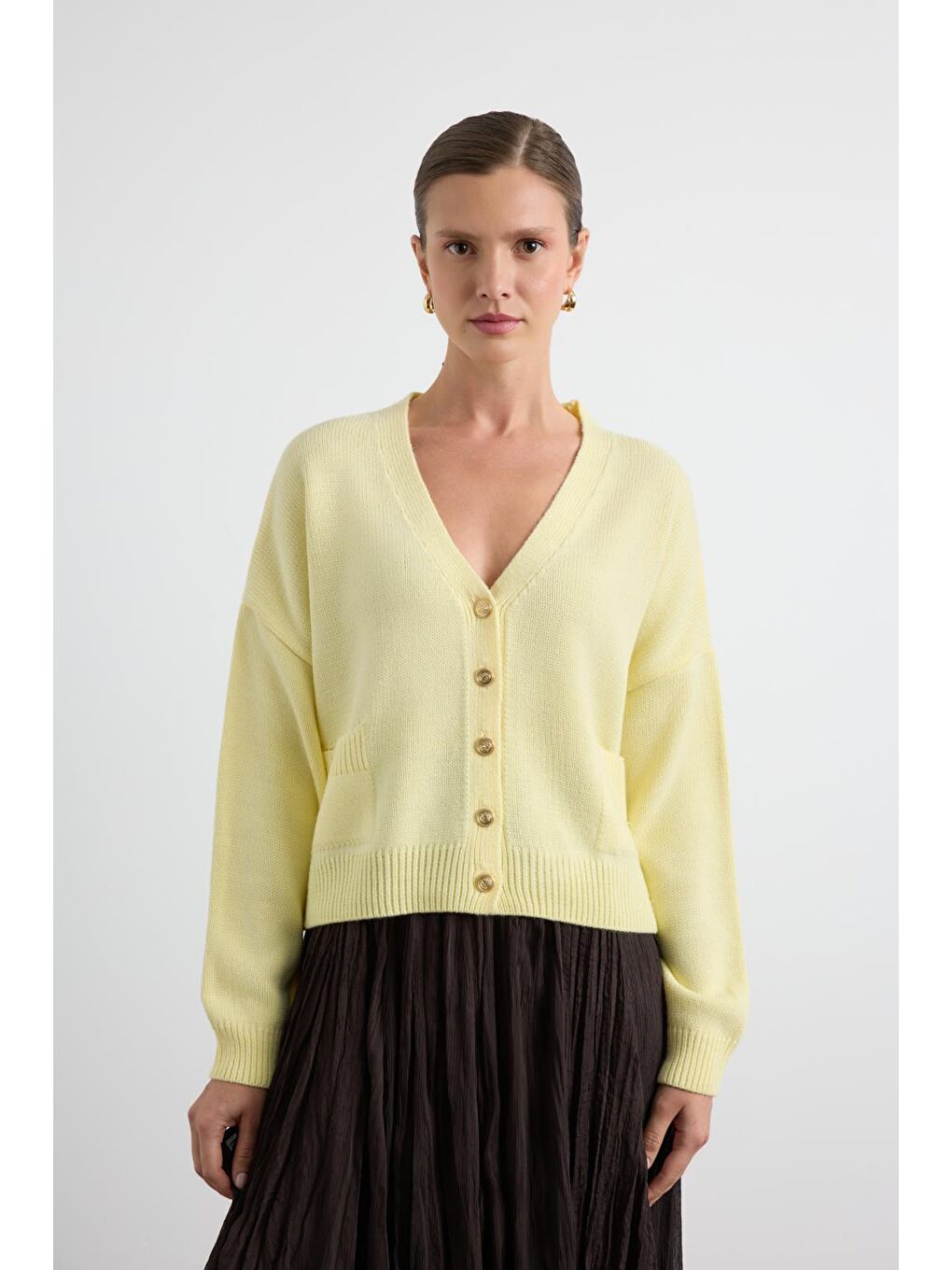 Gold Düğmeli Triko Hırka Sarı-2