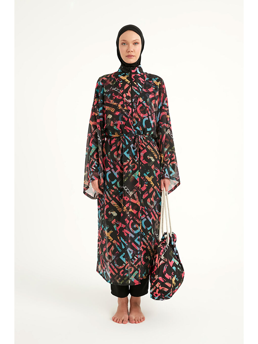 Siyah Renkli Desenli İpeksi Kimono Kaftan RP2507-4