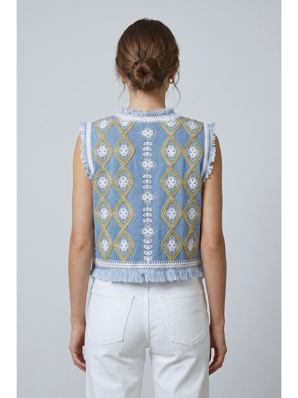 Mavi Kadın Bisiklet Yaka Zincir Nakışlı & Saçaklı Denim Crop Yelek-4