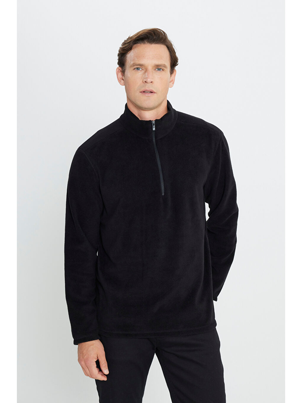 Erkek Siyah Anti-Pilling Tüylenme Yapmayan Standart Fit Dik Yaka Polar Sweatshirt-8