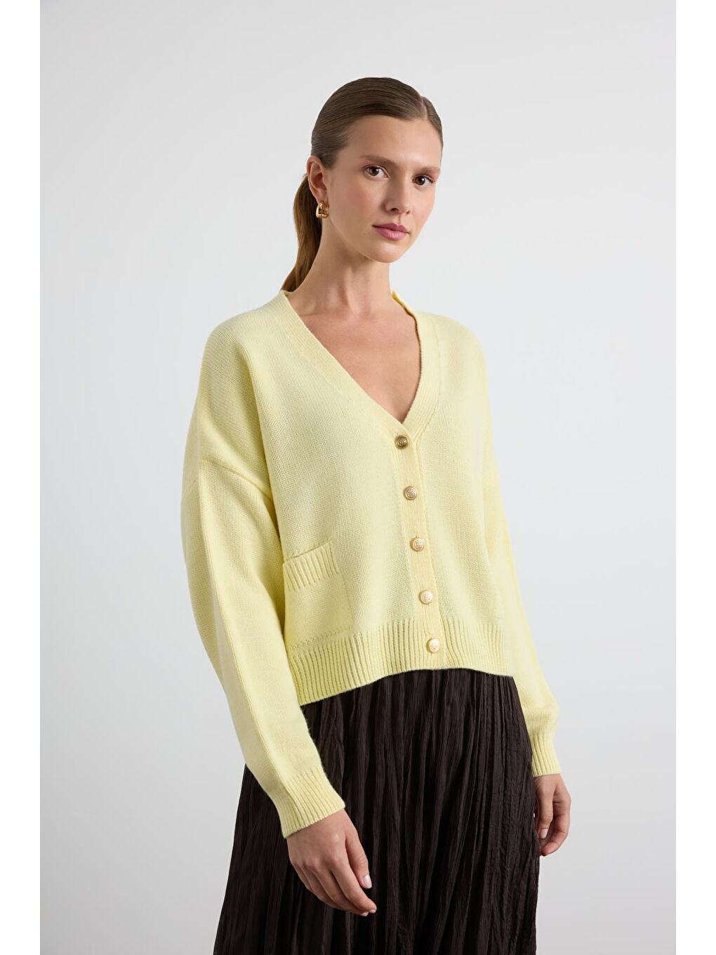 Gold Düğmeli Triko Hırka Sarı-3