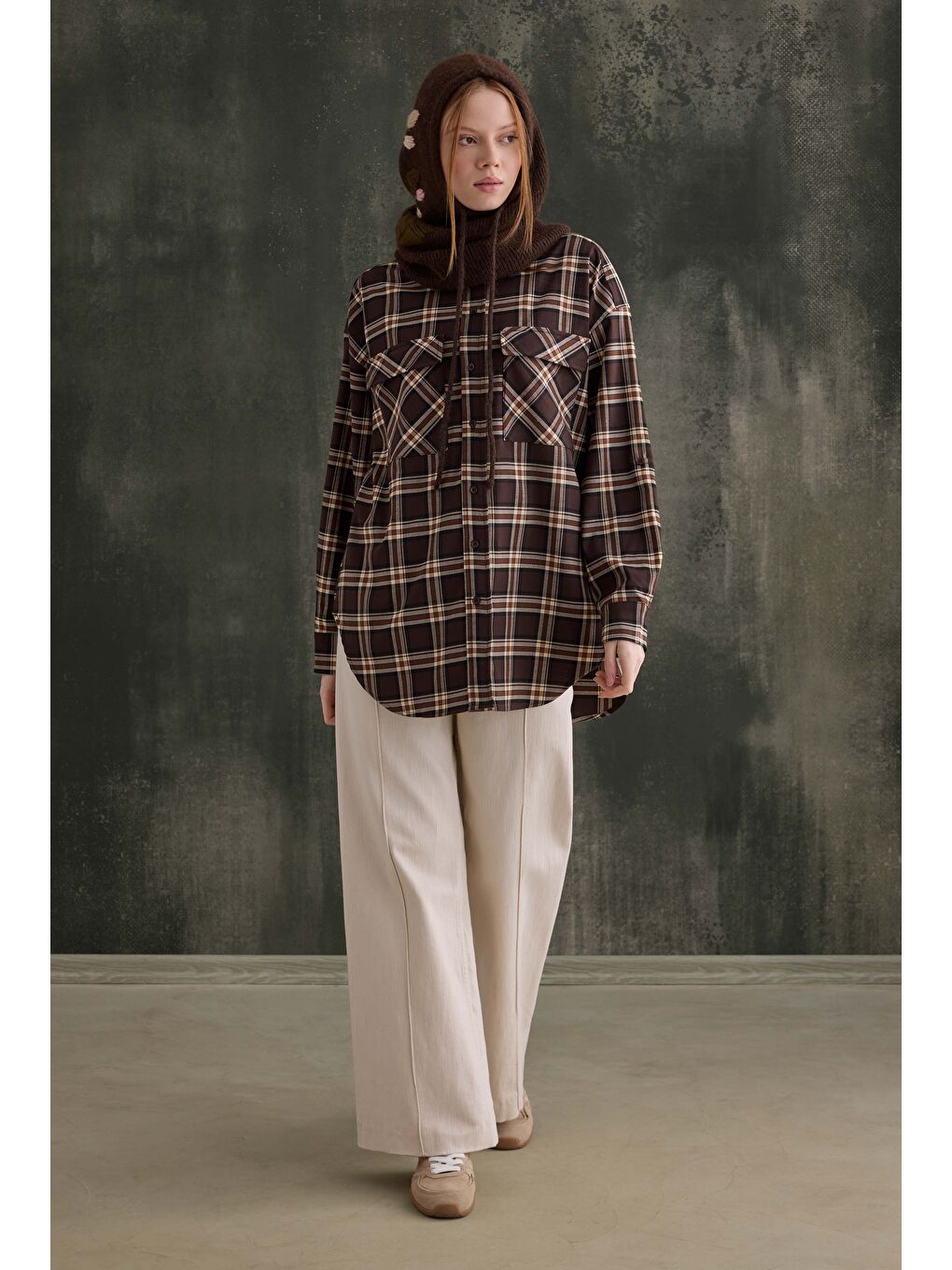 Kahverengi Cep Detaylı Ekose Gömlek Acı Kahve-3