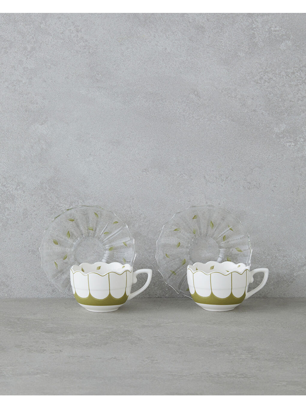 Purepetal New Bone China 4 Parça 2 Kişilik Cam Tabaklı Kahve Fincan Takımı 80 ml Yeşil-1