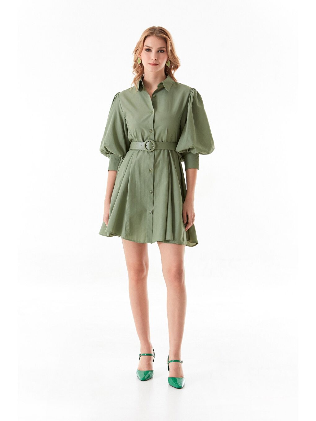 Turkuaz Kemerli Gömlek Yaka Balon Kol Elbise-3