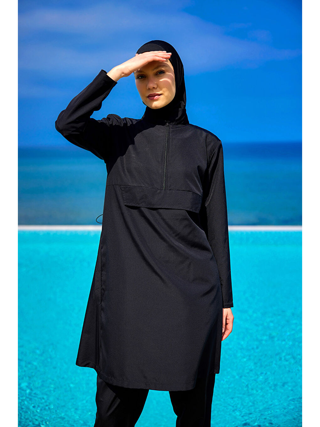 Siyah Tesettür Mayo 3 Parça Takım Su İtici Tam Kapalı Mayo A2503-1