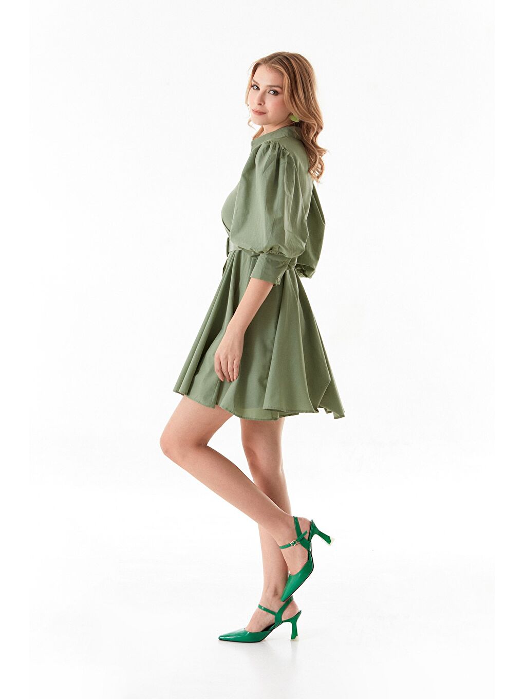 Turkuaz Kemerli Gömlek Yaka Balon Kol Elbise-4