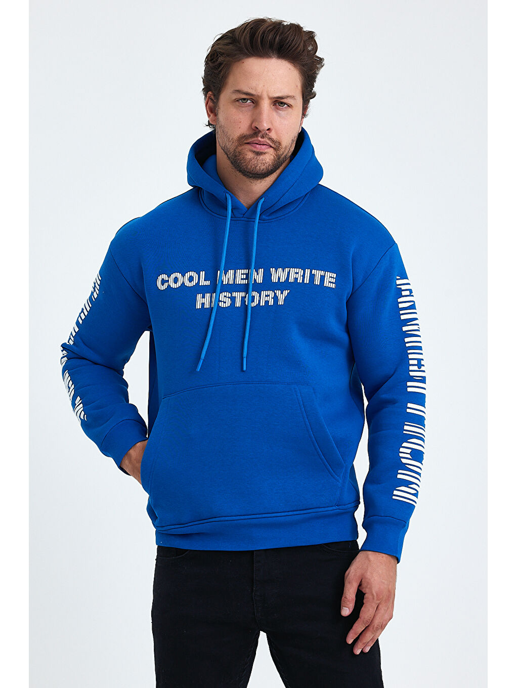 Tarz Cool Saks Erkek Yazı Baskılı Regular 3 İplik Şardonlu Kapüşonlu Sweatshirt