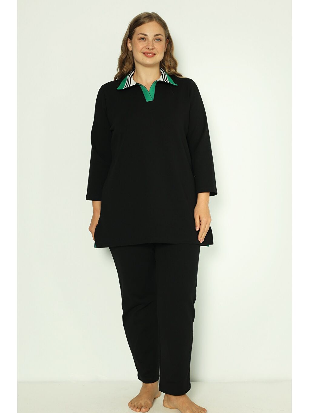 Siyah Kadın Büyük Beden Pamuklu İnterlok Truvakar Kollu Cepli Biyeli Alt-Üst Eşofman Takımı
