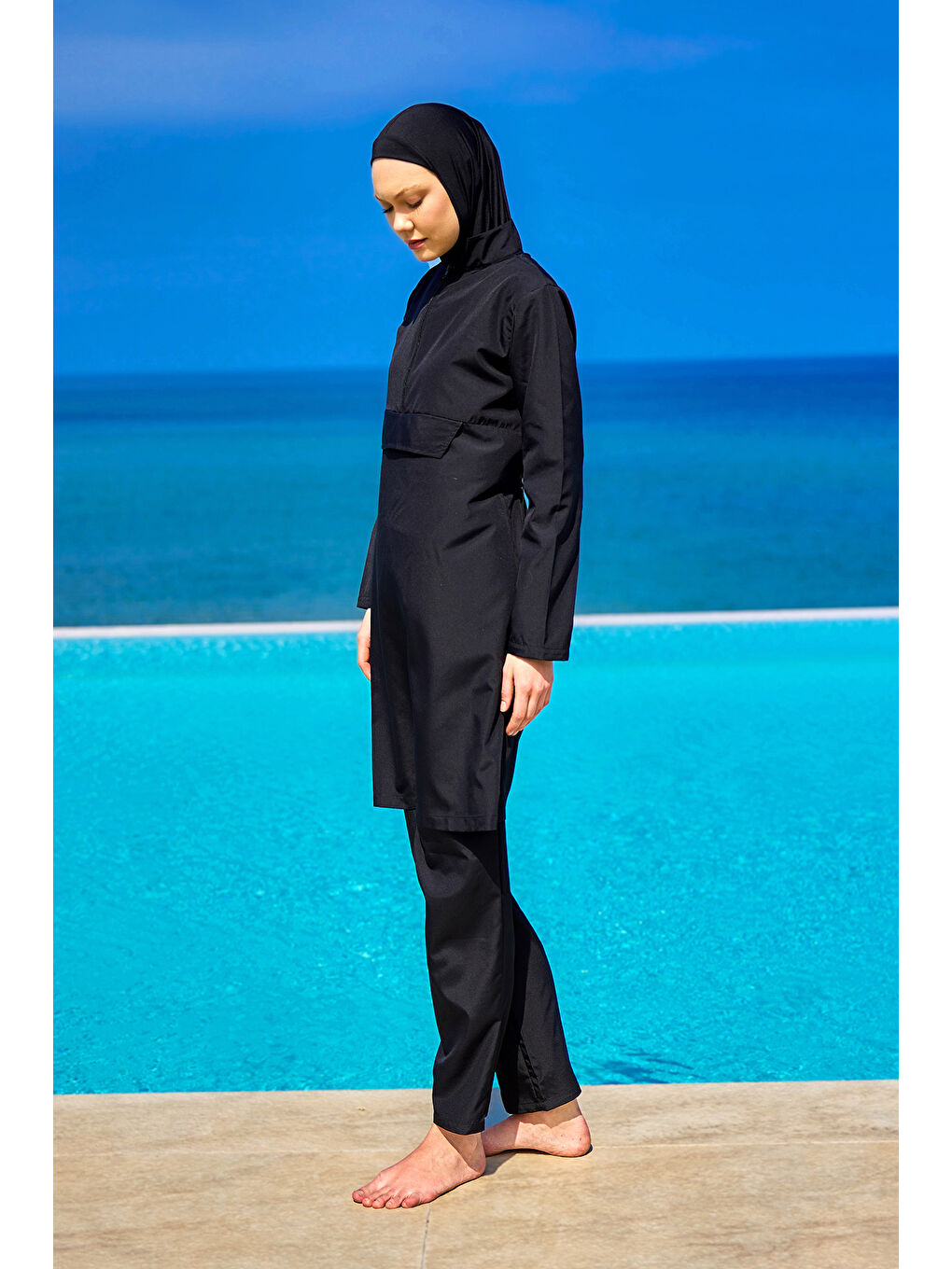 Siyah Tesettür Mayo 3 Parça Takım Su İtici Tam Kapalı Mayo A2503-1-1