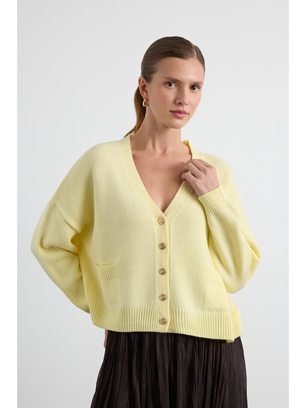 Gold Düğmeli Triko Hırka Sarı-4