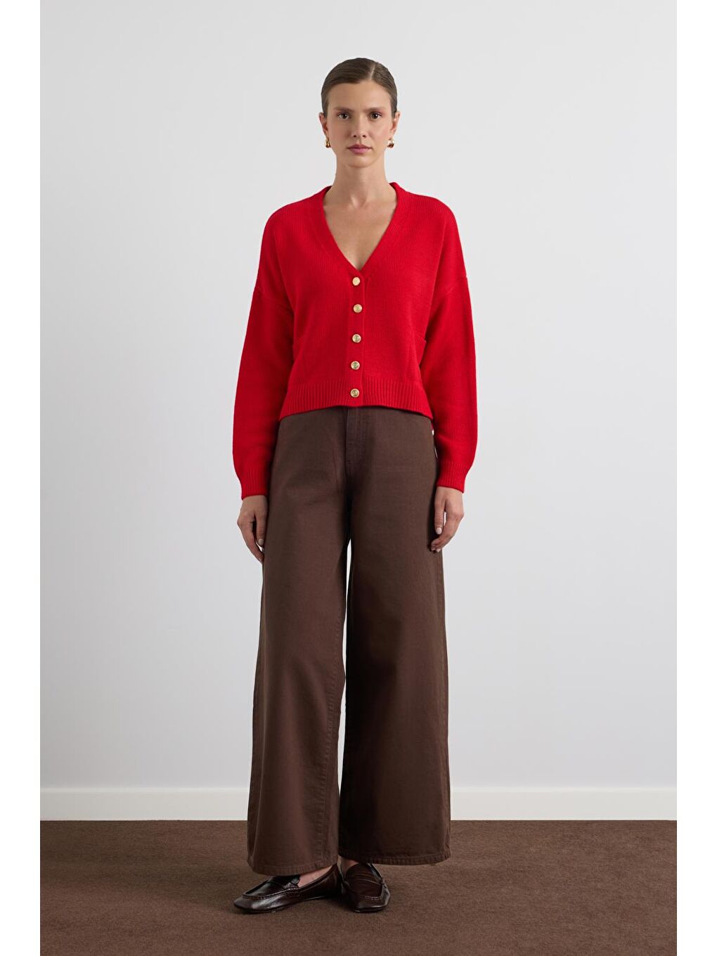 Gold Düğmeli Triko Hırka Kırmızı-1