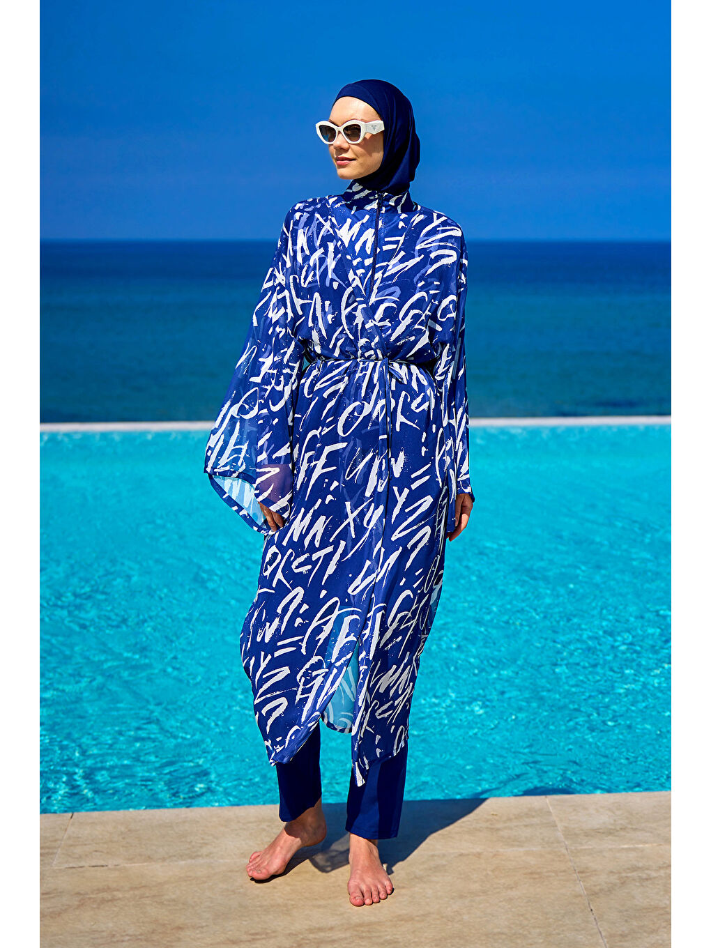 Lacivert Renkli Desenli İpeksi Kimono Kaftan RP2502-3