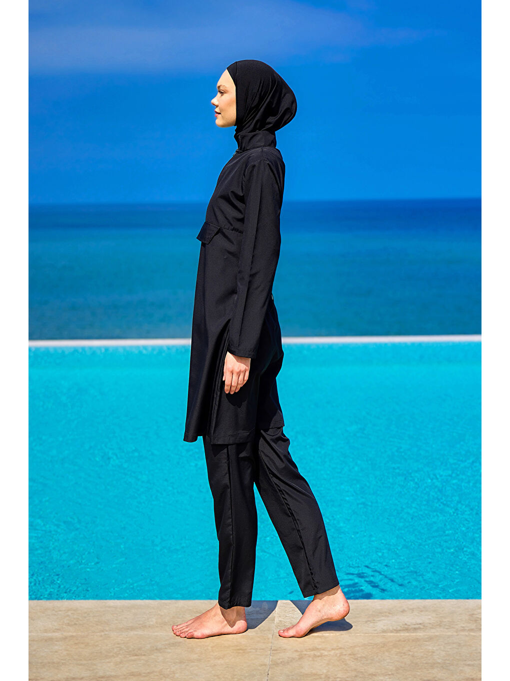 Siyah Tesettür Mayo 3 Parça Takım Su İtici Tam Kapalı Mayo A2503-1-2