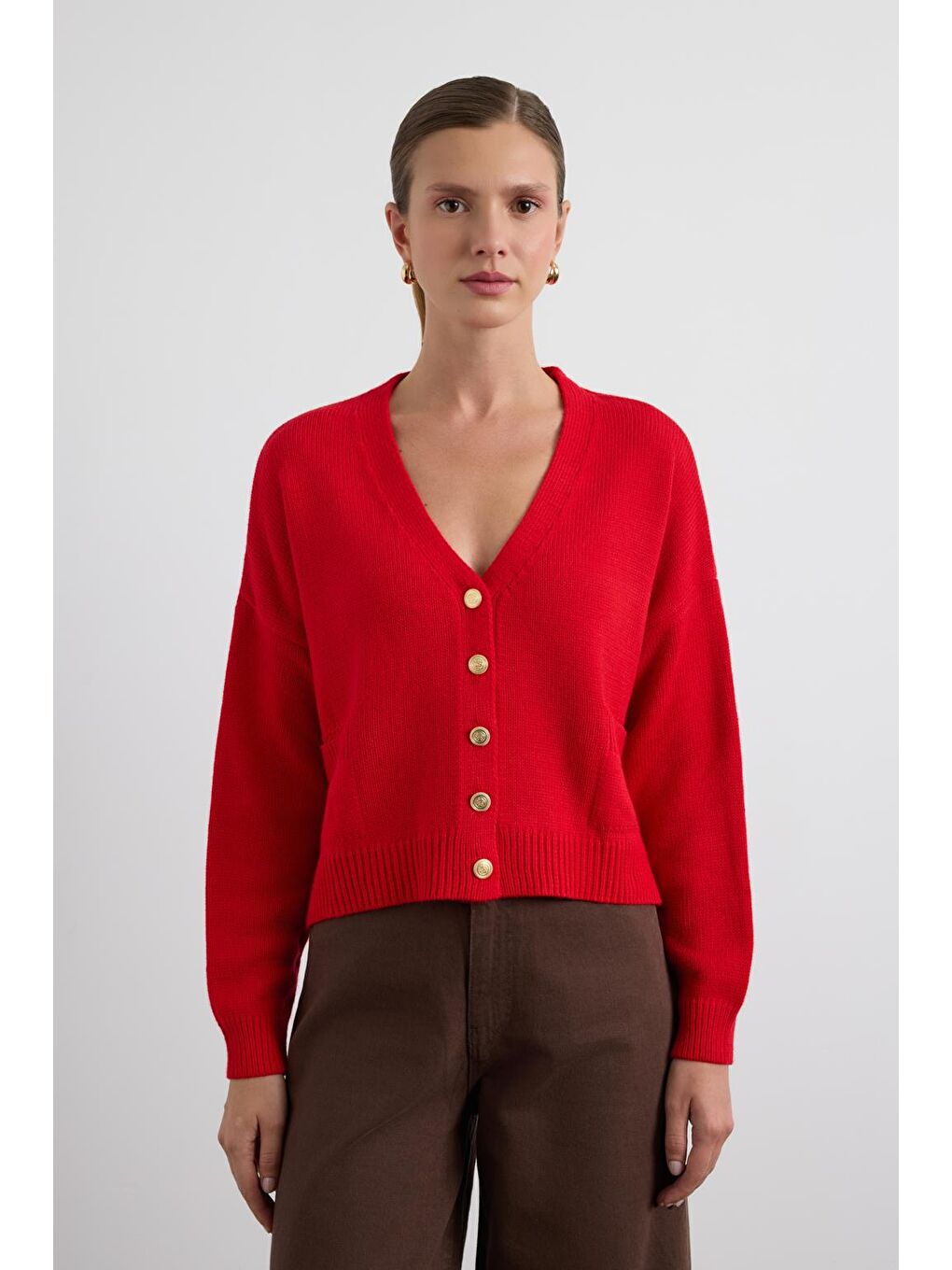 Gold Düğmeli Triko Hırka Kırmızı-2