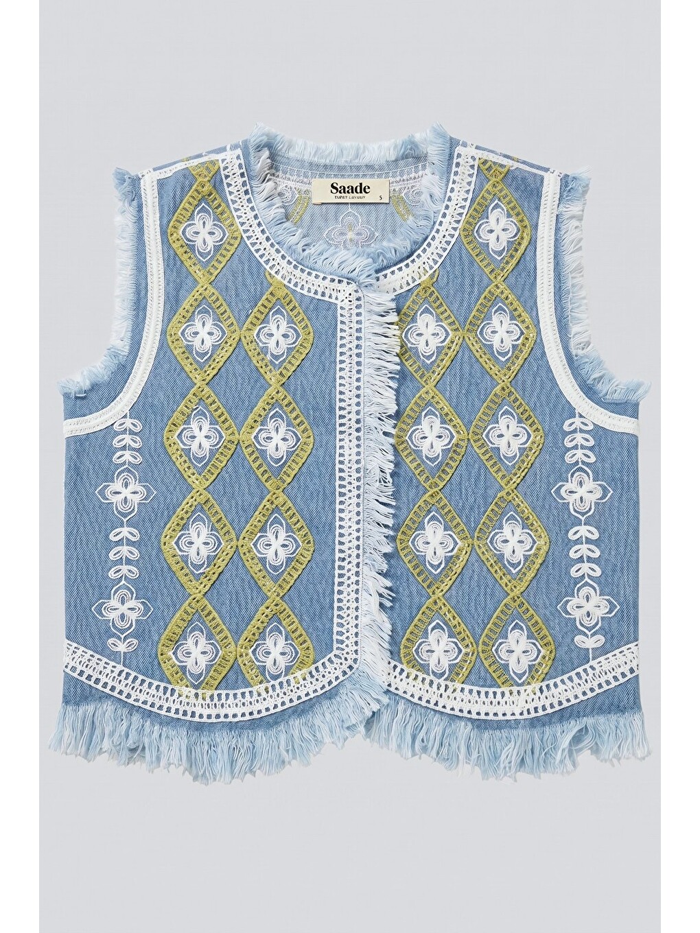 Mavi Kadın Bisiklet Yaka Zincir Nakışlı & Saçaklı Denim Crop Yelek-5