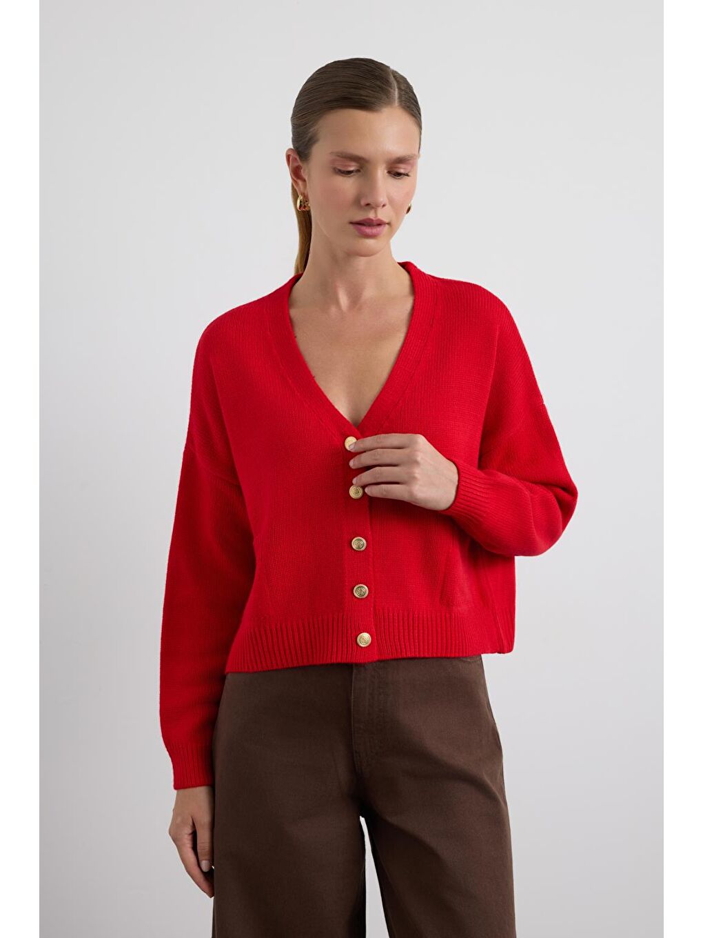 Gold Düğmeli Triko Hırka Kırmızı-3