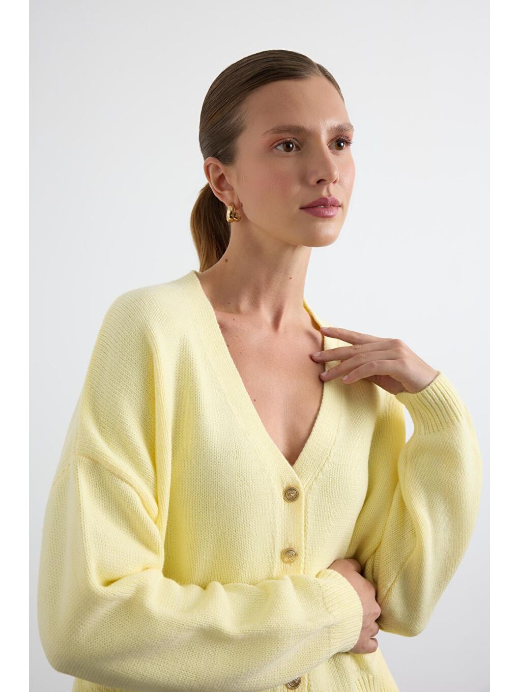 Gold Düğmeli Triko Hırka Sarı-5