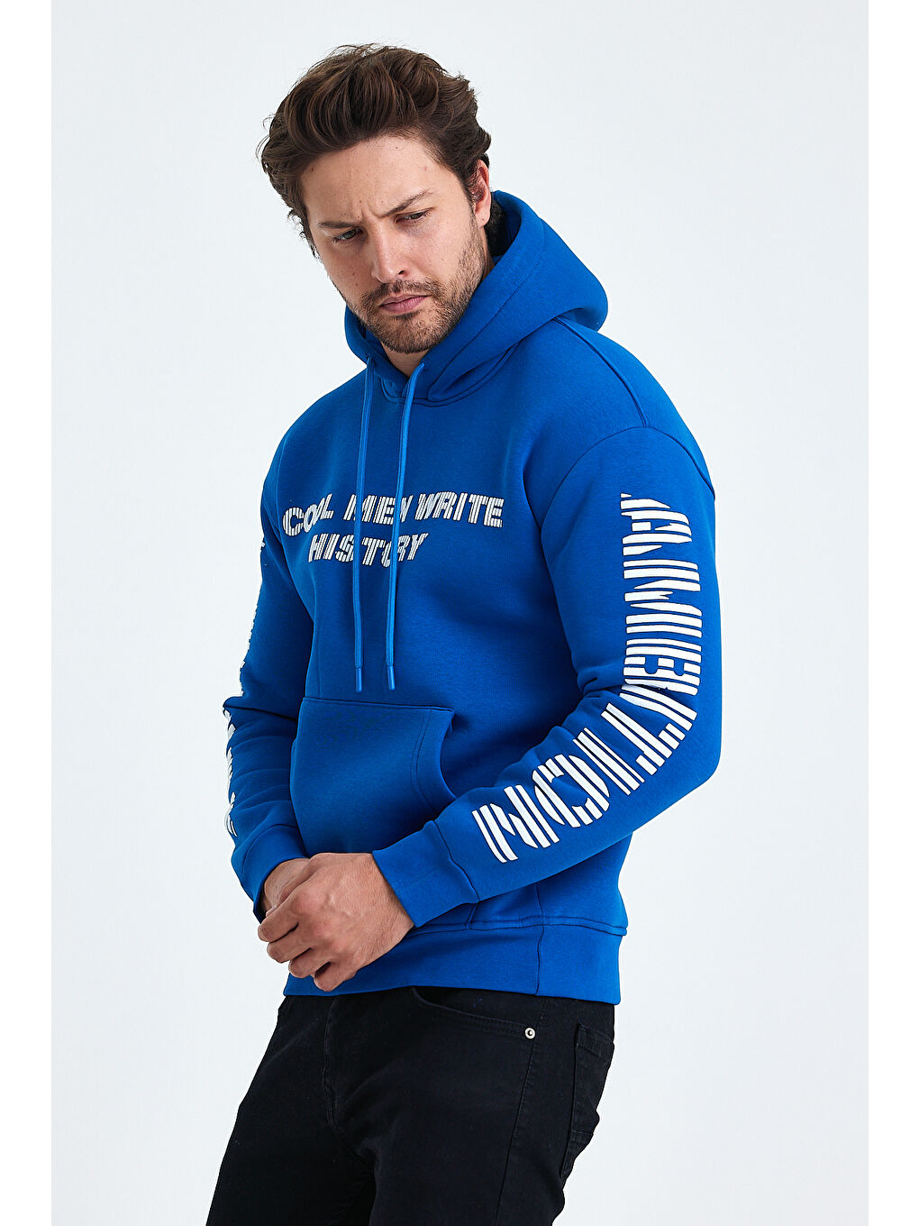 Tarz Cool Saks Erkek Yazı Baskılı Regular 3 İplik Şardonlu Kapüşonlu Sweatshirt - 2