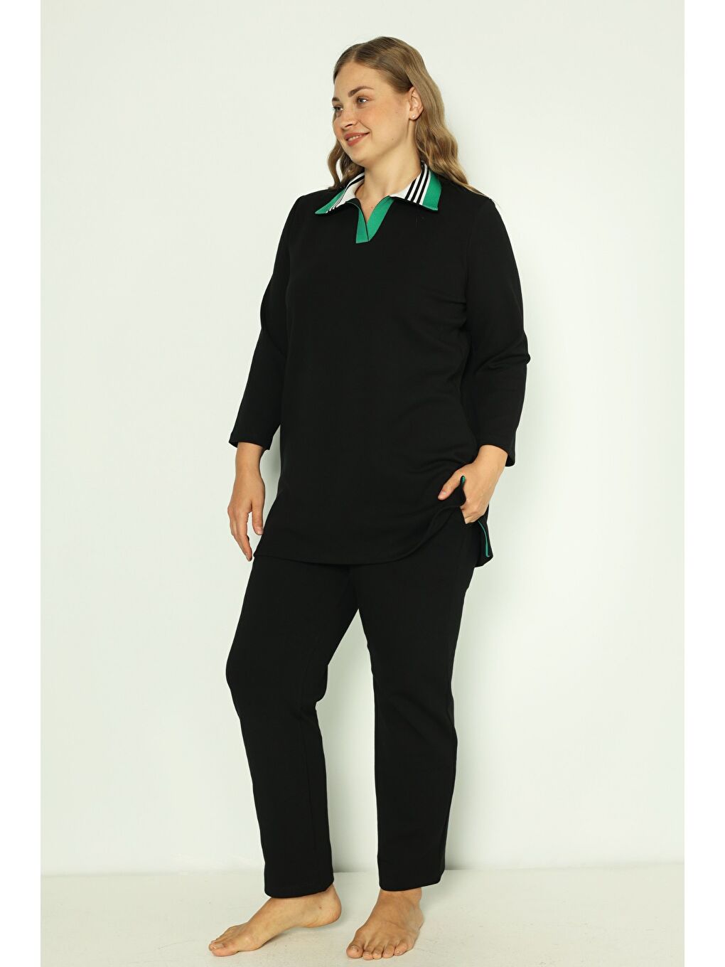 Siyah Kadın Büyük Beden Pamuklu İnterlok Truvakar Kollu Cepli Biyeli Alt-Üst Eşofman Takımı-1