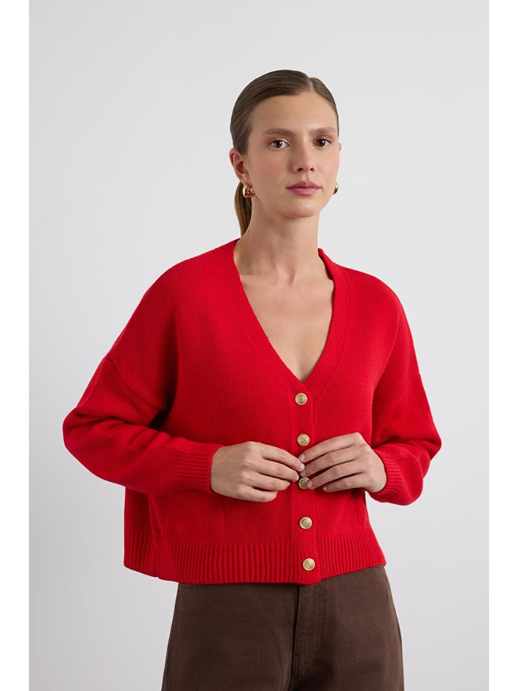 Gold Düğmeli Triko Hırka Kırmızı-4